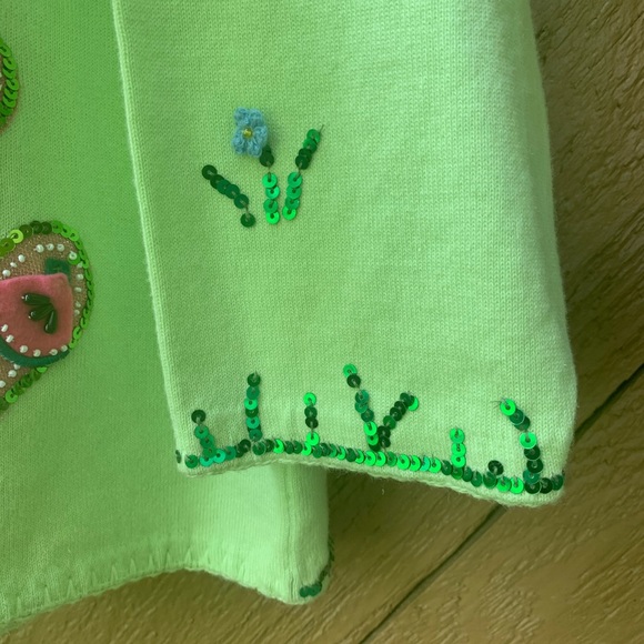 Vintage Quaker Factory long Cardigan 1X green sequence flower butterfly eclectic - Picture 10 of 16